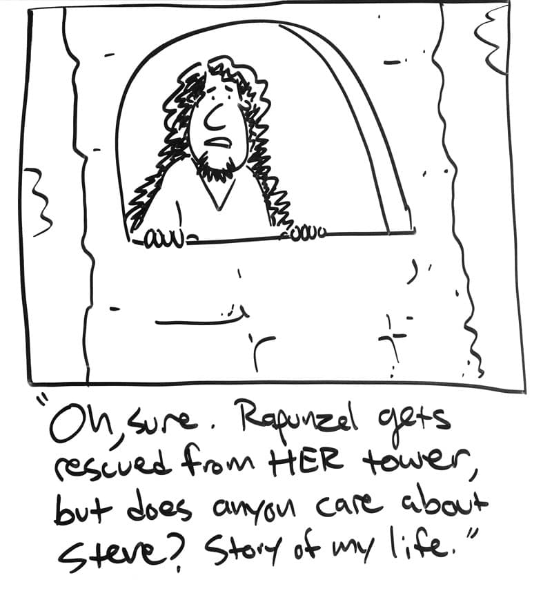 Drawing of a man with long hair looking forlornly through the window of a castle tower. "Oh, sure. Rapunzel gets rescued from her tower, but does anyone care about Steve? Story of my life."