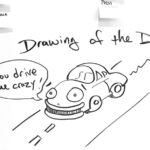 Drawing of an anthropomorphic car saying, "you drive me crazy!"