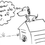 Drawing of Snoopy sitting on his dog house thinking, "No one ever talks about the dog days of winter."