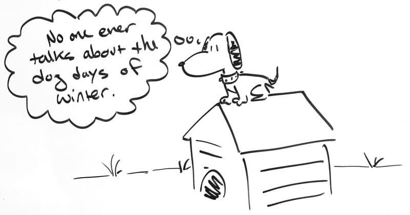 Drawing of Snoopy sitting on his dog house thinking, "No one ever talks about the dog days of winter."