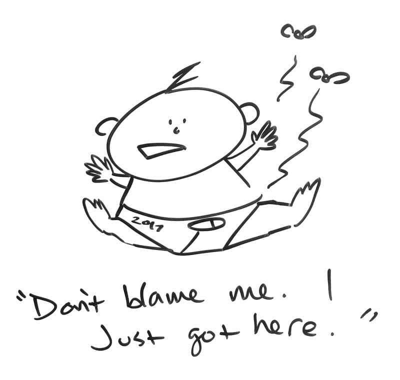 Drawing of a baby with flies buzzing around their dirty diaper, labeled 2017. "Don't blame me. I just got here!"