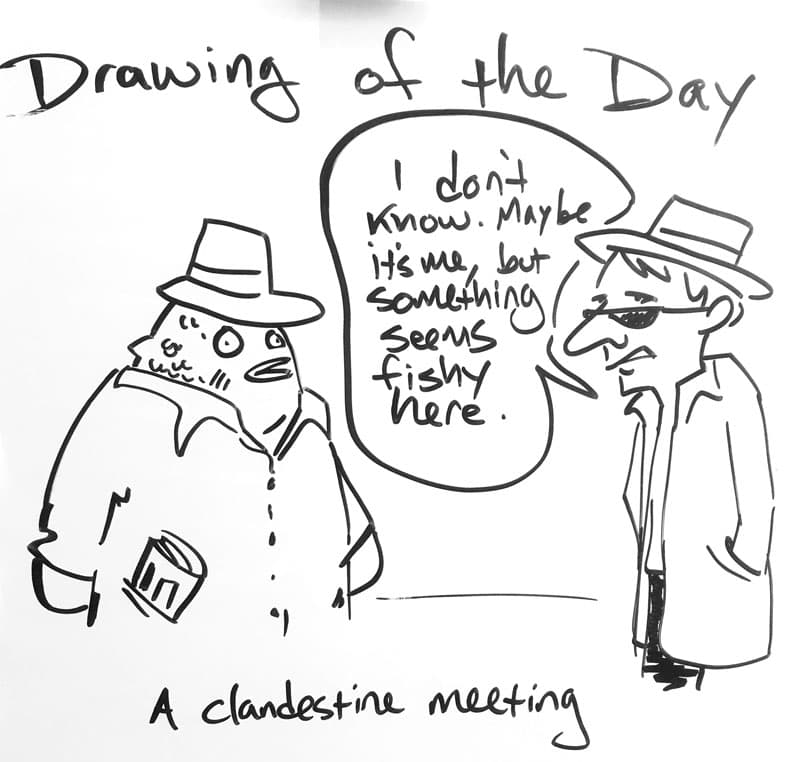 Drawing of a fish and a man in trench coats and hats, having a clandestine meeting. The man says, "I don't know. Maybe it's me, but something seems fishy here."