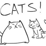 A drawing of a fat, angry cat and a skinny worried cat with the heading, "CATS!"