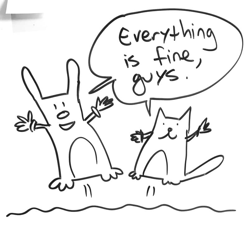 A cartoon bunny and a cartoon cat joyfully leap and say, "everything is fine, guys."