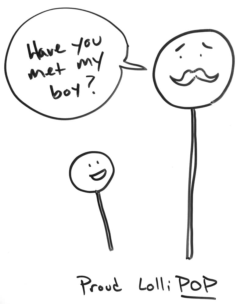 Drawing of a small lollipop with a cartoon face and a large one with a mustache. The large one says, "Have you met my boy?"