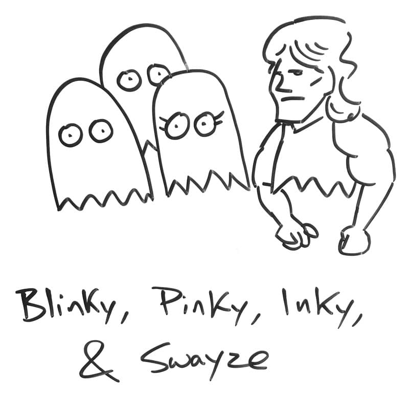 Three Pac-Man ghosts and a caricature of Patrick Swayze. Caption: "Blinky Pinky, Inky, & Swayze."