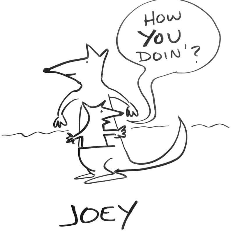 A kangaraoo with a joey in its pouch. The joey says, "How you doin'?," the catchphrase of Joey from the NBC sitcom Friends.