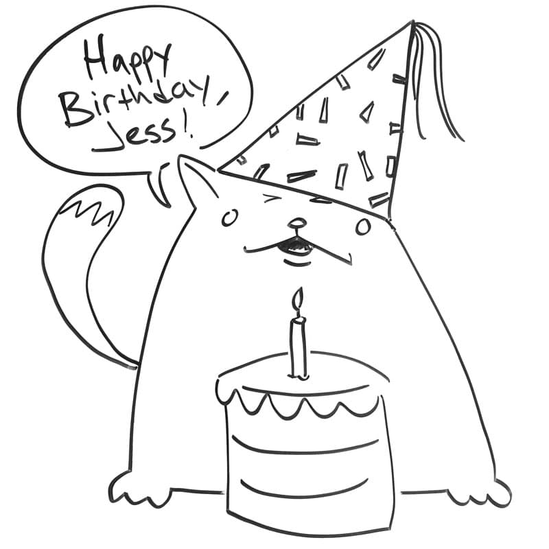 Drawing of a big, fat cat in a party hat with a birthday cake saying, "Happy birthday, Jess!"